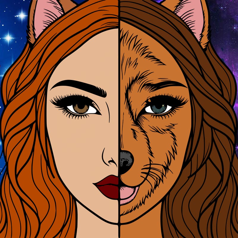 split face realistic woman and wolf