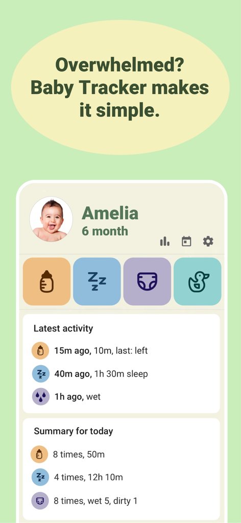 Interface of the Baby Tracker app showing daily summaries for feeding, sleep, and diapers for a six-month-old infant.