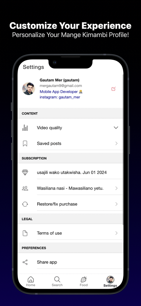 Settings screen of the Mange Kimambi app showing profile details, video quality options, and subscription information.