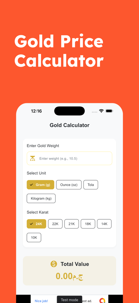 Gold Price Tracker & Alerts - Interfaz de calculadora de precios de oro para ingresar peso y seleccionar quilate y unidades de oro.