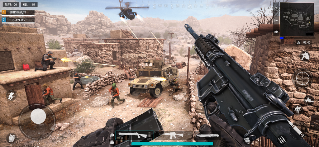 Perspectiva en primera persona de un soldado sosteniendo un rifle en una zona de combate desértica con un helicóptero y un humvee