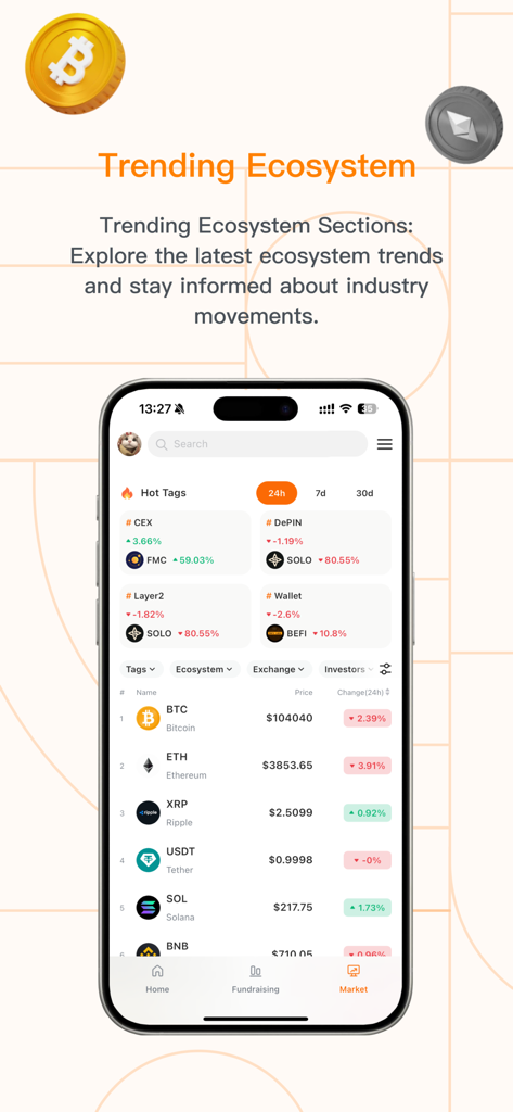 RootData - Top Crypto Database - RootData mobile app interface displaying trending crypto ecosystem sections and market price rankings for Bitcoin and Ethereum.