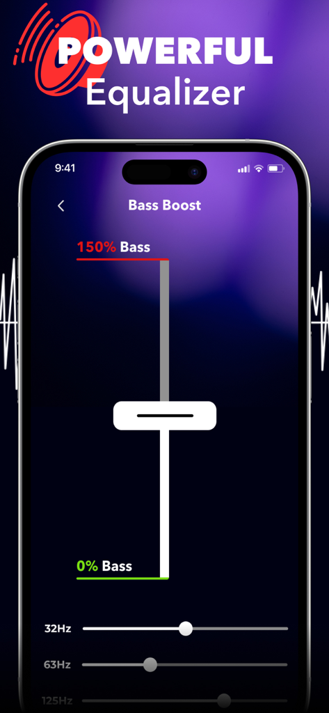 Bass Booster: Sound & Music EQ - Interface of Bass Booster app featuring a vertical bass boost slider and frequency equalizer