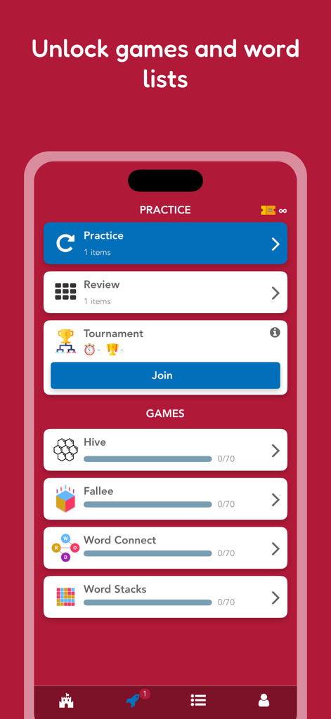 Learn Korean: Vocab & Words - Interface of the Learn Korean app showing gamified vocabulary practice and word lists.