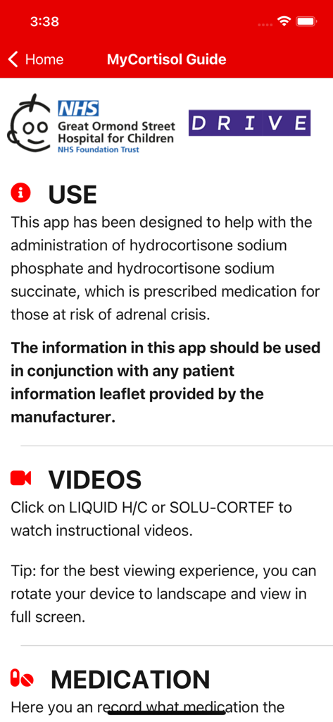 My Cortisol - Interface of the My Cortisol app guide showing usage instructions for adrenal crisis medication and links to instructional videos.