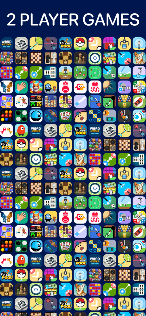 A grid display of various colorful mini game icons showing the large collection of two player games available offline
