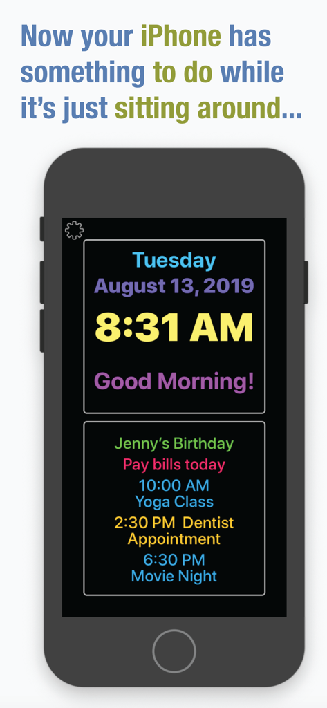 Clocke - Tela do iPhone mostrando o aplicativo Clocke com hora de texto grande, data e lista de lembretes diários do calendário.