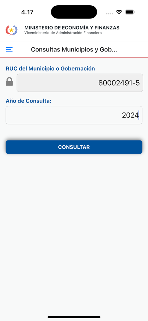 Oberfläche der MEF Consultas App, die ein Formular zur Suche nach RUC und Jahr für kommunale Anfragen anzeigt.