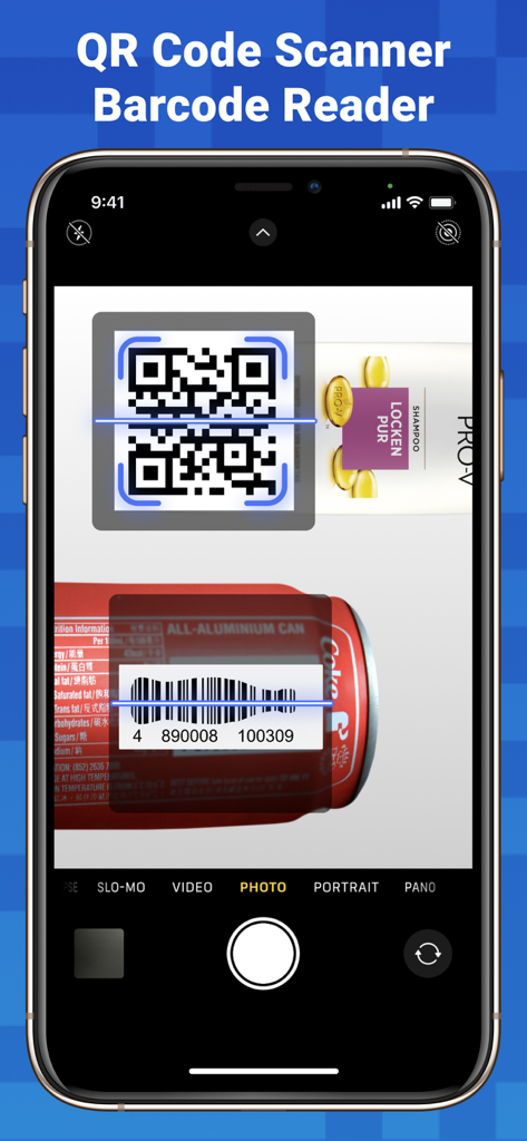 QR Scanner and Code Reader - Interfaz de una aplicación móvil que muestra un escáner de códigos QR y un lector de códigos de barras escaneando una botella de champú y una lata de refresco.