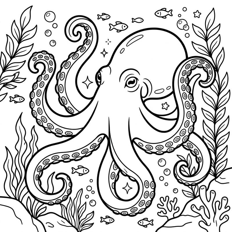 Get ready for an exciting journey under the sea with our Giant Pacific Octopus coloring page, specially designed for kids! This adorable and smart octopus invites young artists to bring the ocean's magic to life with their favorite colors.