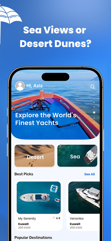 Coastals - Pantalla de inicio de la aplicación Coastals mostrando alquileres de yates y opciones de aventura en el desierto