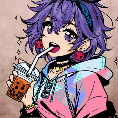 hot baddie anime girl drinking boba and biting the straw