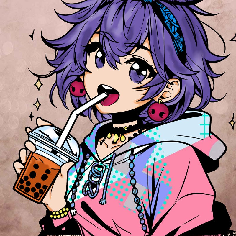hot baddie anime girl drinking boba and biting the straw
