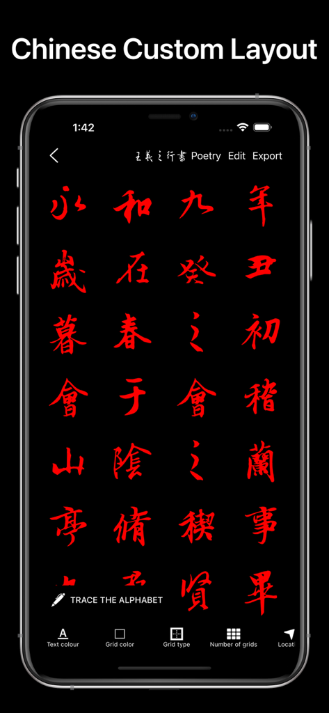 Interfaccia dell'app Calligraphy Master che mostra un layout personalizzato di caratteri cinesi per la pratica di scrittura