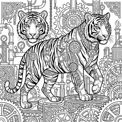 Dive into a world where wild nature meets mechanical marvels with our Steampunk Bengal Tiger coloring page. This unique design features a majestic tiger adorned with intricate gears, pipes, and Victorian-era elements, ready for your artistic touch.