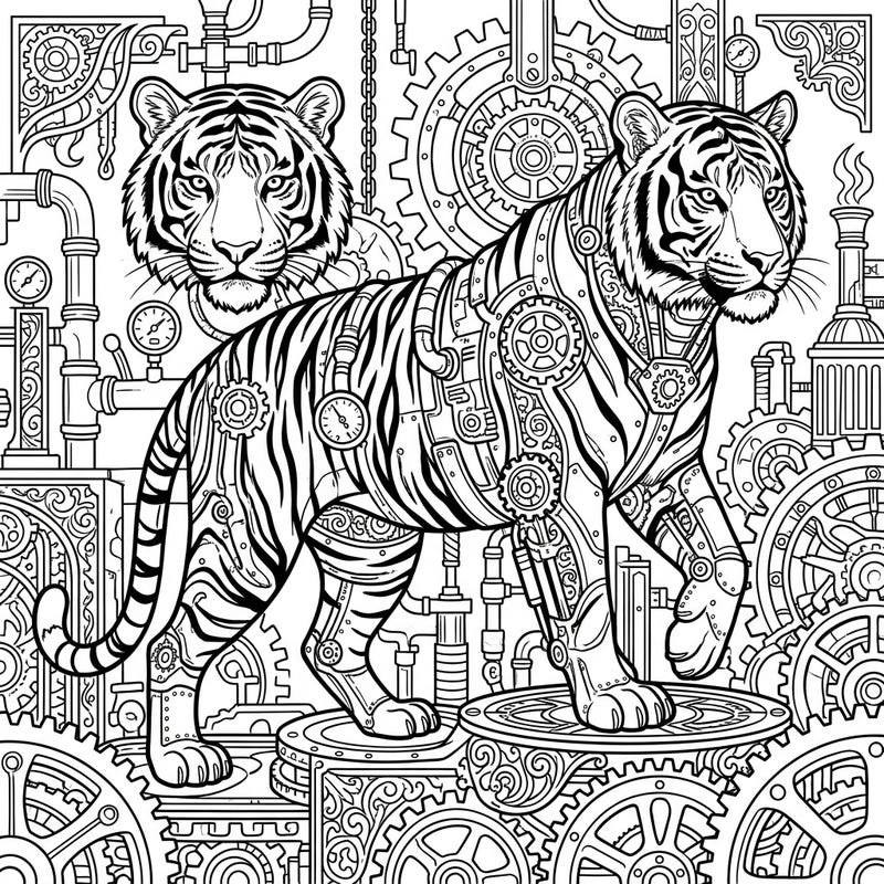 Dive into a world where wild nature meets mechanical marvels with our Steampunk Bengal Tiger coloring page. This unique design features a majestic tiger adorned with intricate gears, pipes, and Victorian-era elements, ready for your artistic touch.