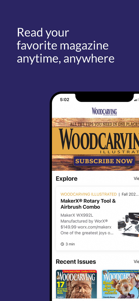 Woodcarving Illustrated - Home screen of the Woodcarving Illustrated app displaying digital magazine issues and tool reviews