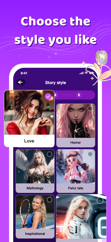 Yamila - Yamila app interface showing options to choose story styles like Love Horror and Mythology