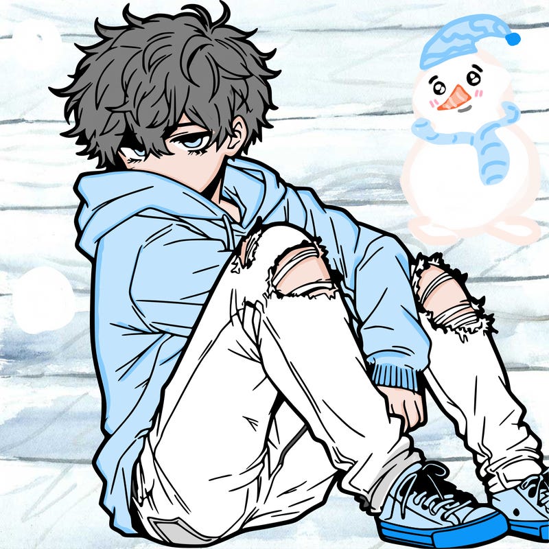 a male hoddie ripped jeans messy hair anime