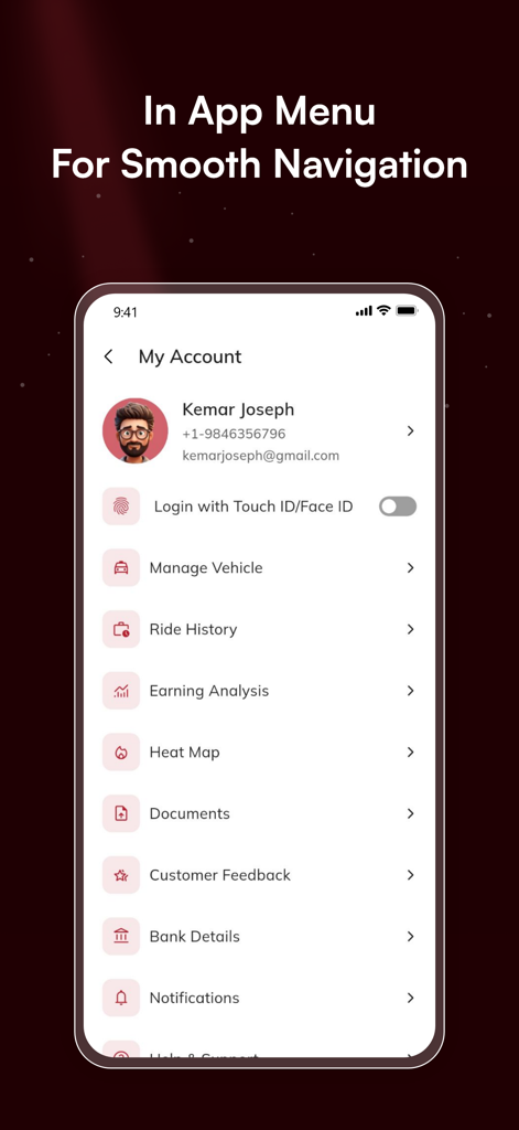 Ryde Dymond Driver - Ryde Dymond Driver 앱 계정 메뉴에 프로필 및 탐색 옵션 표시