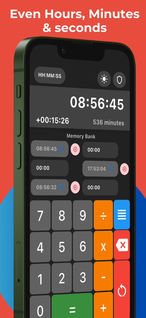 Calculator hours and minutes - Interfaccia dell'app calcolatrice ore e minuti che mostra calcoli temporali e banchi di memoria
