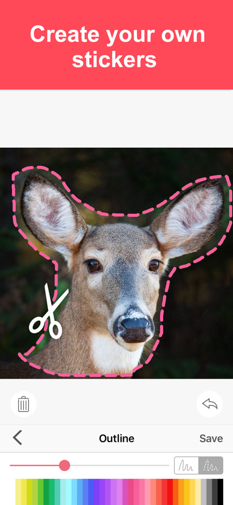 Interface montrant la fonction de création d'autocollants personnalisés où une photo de cerf est délimitée pour la découpe