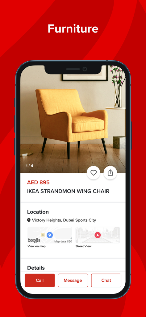 dubizzle - Une annonce de meuble sur l'application Dubizzle montrant un fauteuil à oreilles jaune disponible à Dubaï.