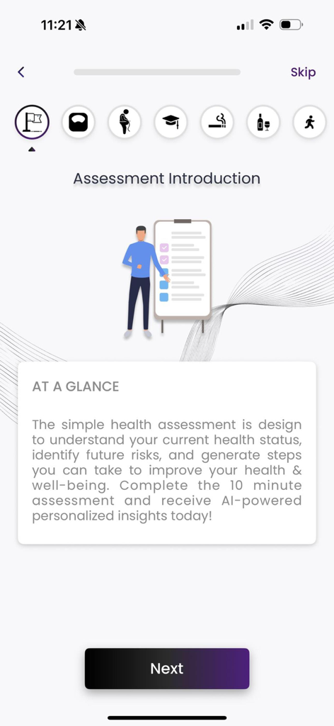 Health.IQ - A screenshot of the Health.IQ app health assessment introduction page featuring an illustration and description of personalized AI insights