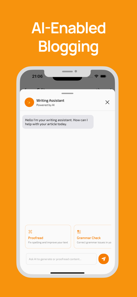 Interfaz del asistente de escritura de IA en la aplicación Blogster para Blogspot mostrando opciones de revisión y corrección gramatical