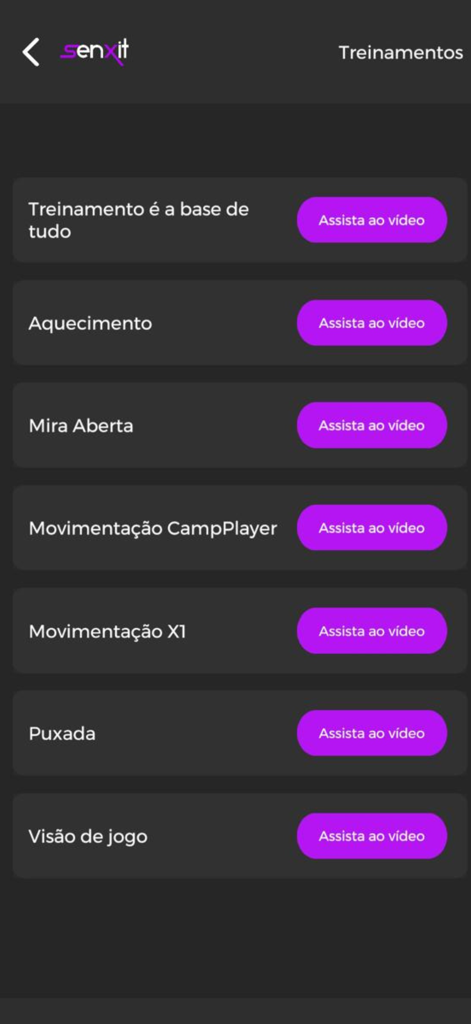 SenXit app training screen showing various Free Fire video tutorial categories like warm up and movement