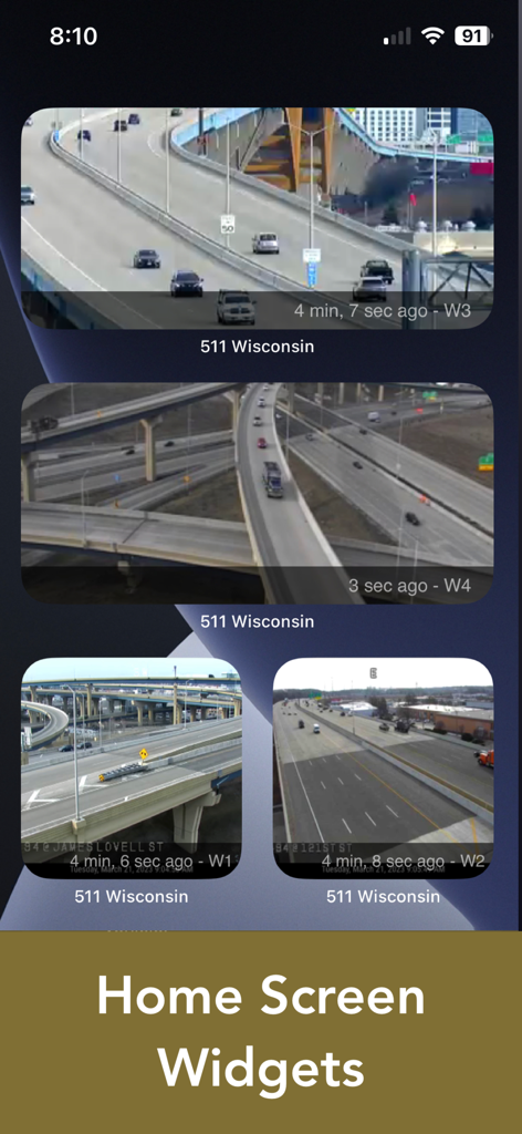 Home screen widgets from the 511 Wisconsin app showing live traffic camera feeds of highways and interchanges.