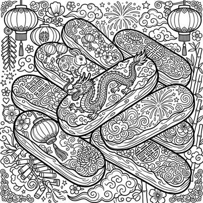Dive into the festive spirit with this unique Lunar New Year Eclairs coloring page, blending delicious pastries with intricate cultural designs. Discover dragons, lanterns, and zodiac animals awaiting your creative touch.