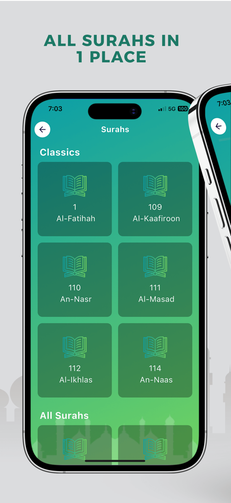 Quran Buddy: Memorize Quran - A mobile interface from the Quran Buddy app displaying a grid of different Quran chapters or Surahs including Al-Fatihah and An-Naas