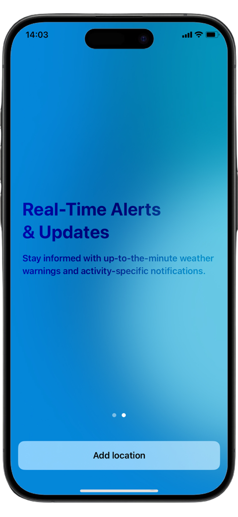 Radar Omega Weather - Forecast - Radar Omega Weather app interface showing real-time alerts and updates feature with an add location button.