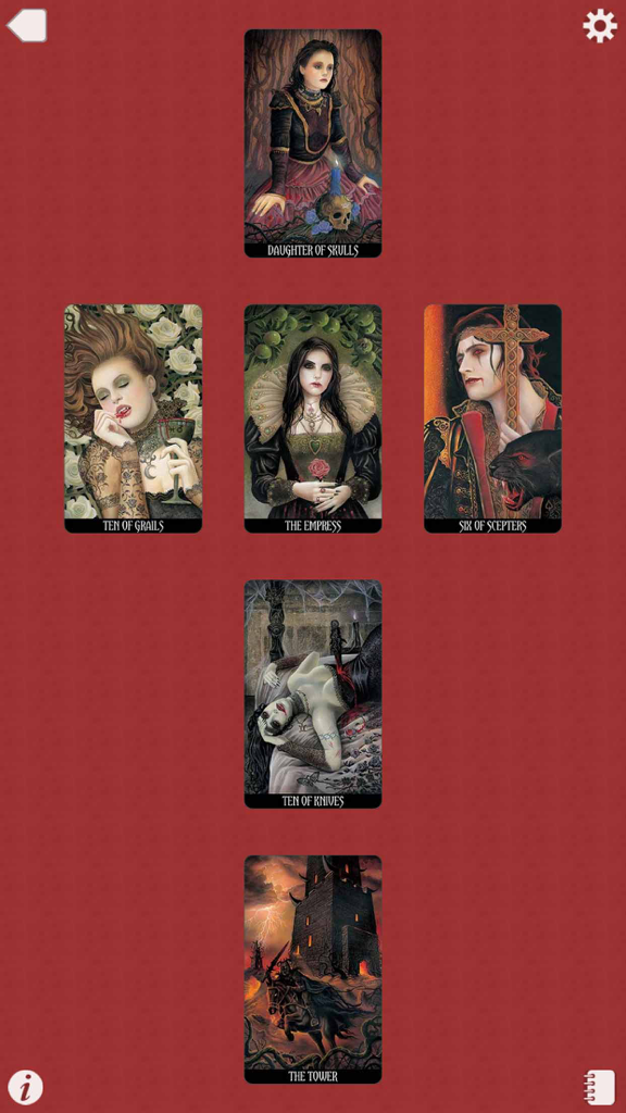 A six-card gothic tarot spread featuring vampire-themed artwork on a red background