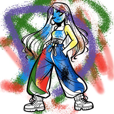 girl in baggy pants crop top and long hair