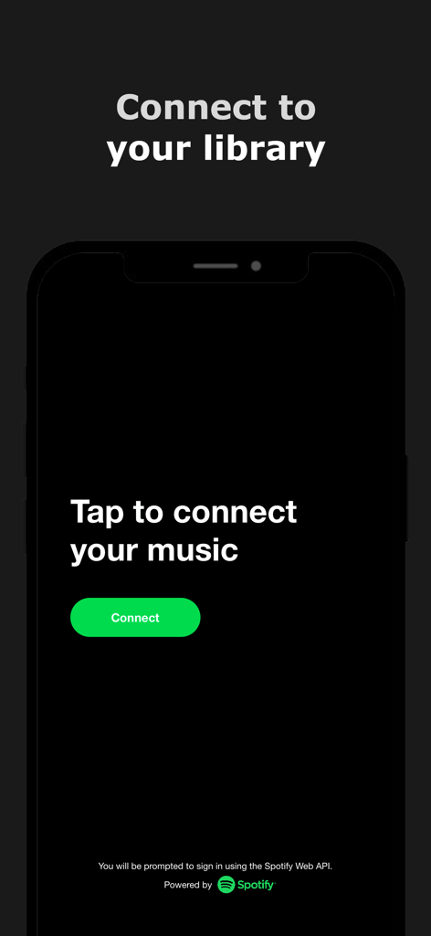 Pantalla de incorporación de la app Playlist Maker for Spotify que muestra un botón verde para conectar a la biblioteca musical