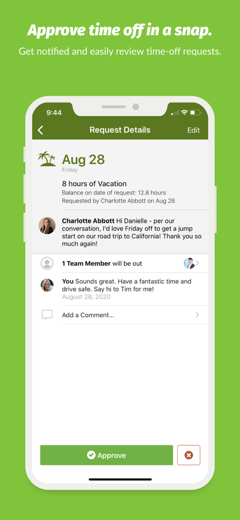 BambooHR - Tela do aplicativo móvel BambooHR para aprovação de pedidos de férias de funcionários