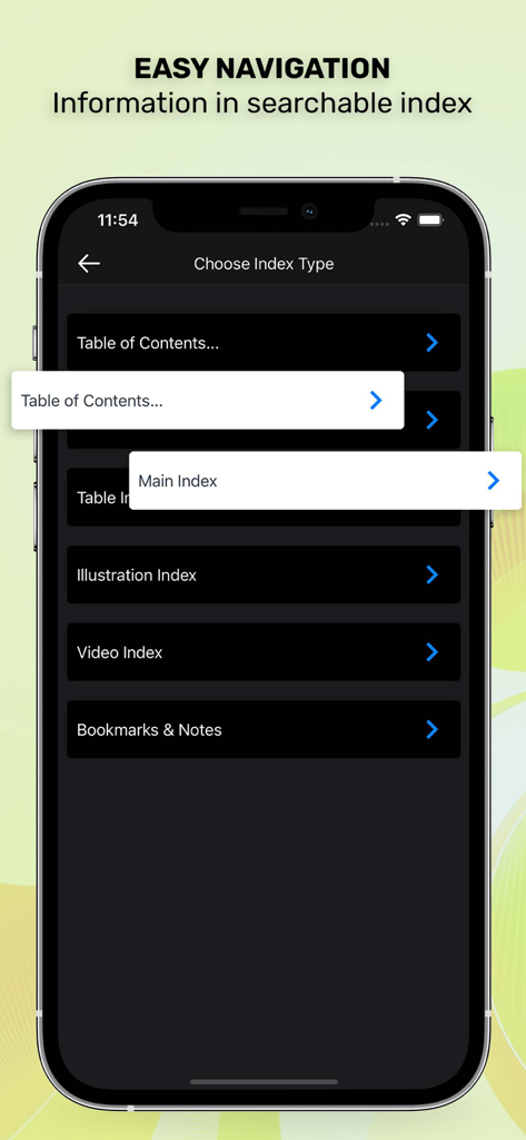 Taber’s Medical Dictionary - Interface showing index navigation options in the Tabers Medical Dictionary app for nurses and healthcare professionals