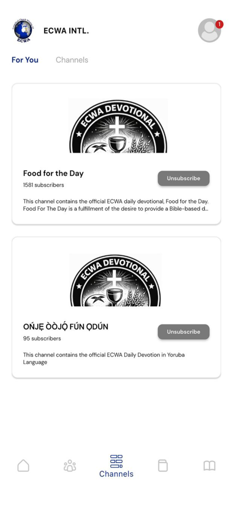 ECWA INTL. - ECWA INTL mobile app interface showing daily devotional channels in English and Yoruba languages.