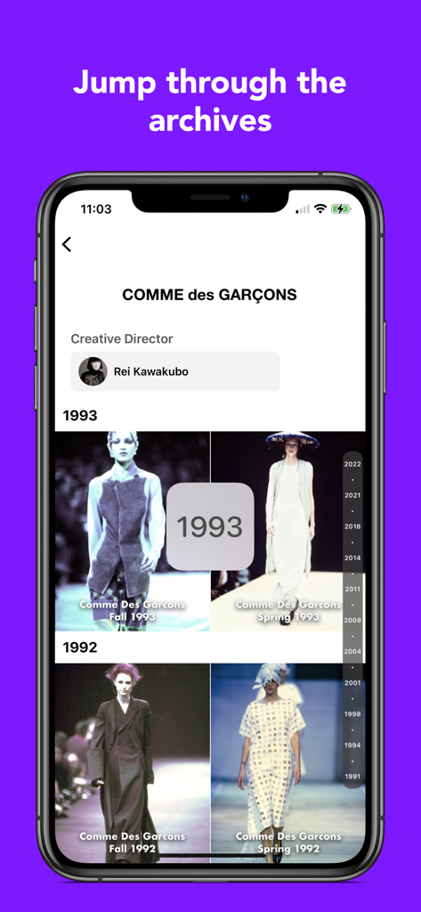 Mobile Benutzeroberfläche der MDLA Runway App mit historischen Modekollektionen von Comme des Garcons