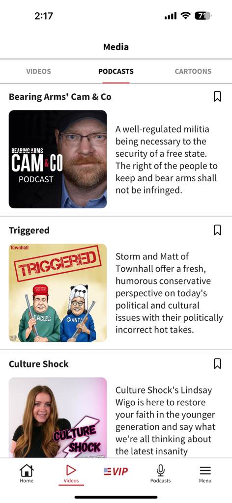Interface de l'application mobile THM News montrant une liste de podcasts conservateurs, y compris Bearing Arms et Triggered
