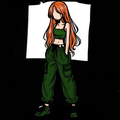girl in baggy pants crop top and long hair
