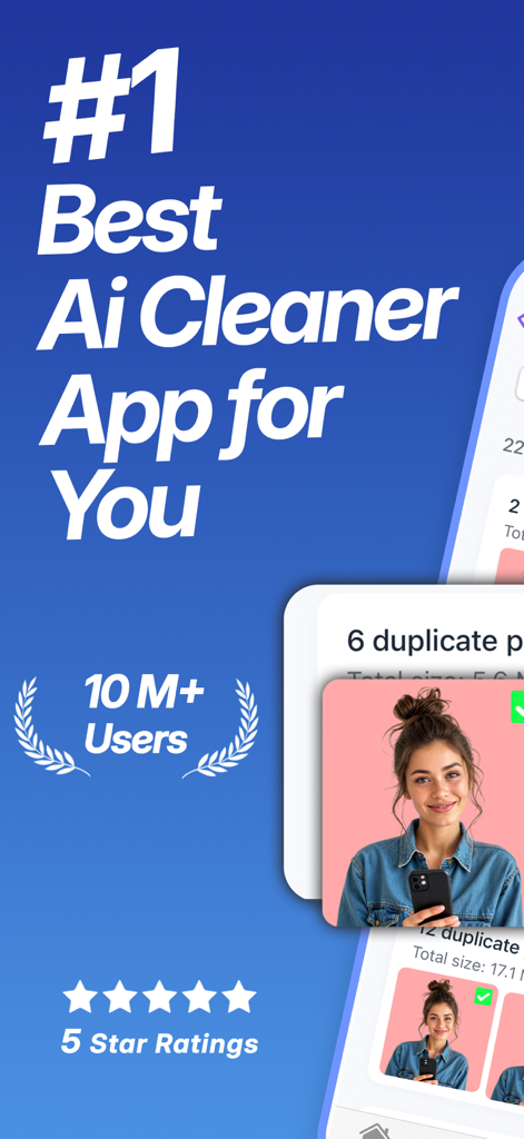 Promotional banner for the AI Phone Cleaner app featuring user ratings and duplicate photo removal feature