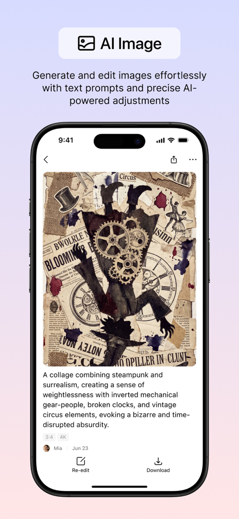 ListenHub AI interface displaying a steampunk surrealist image created with AI text prompts