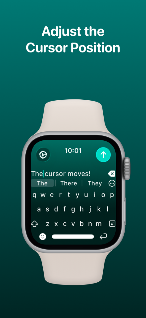 WristBoard - Watch Keyboard - La aplicación WristBoard muestra el ajuste de la posición del cursor en la interfaz del teclado del Apple Watch.