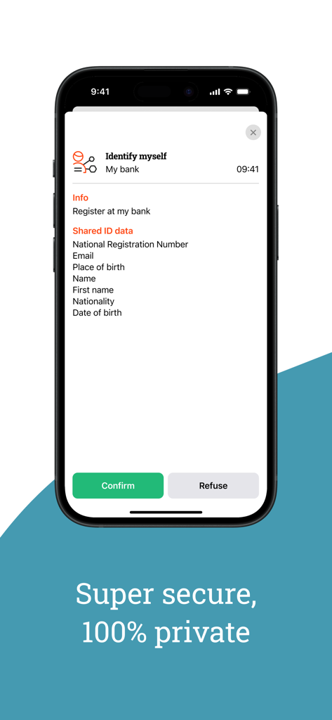 Screenshot dell'app itsme che mostra una richiesta di identificazione sicura per condividere dati personali specifici per la registrazione in banca