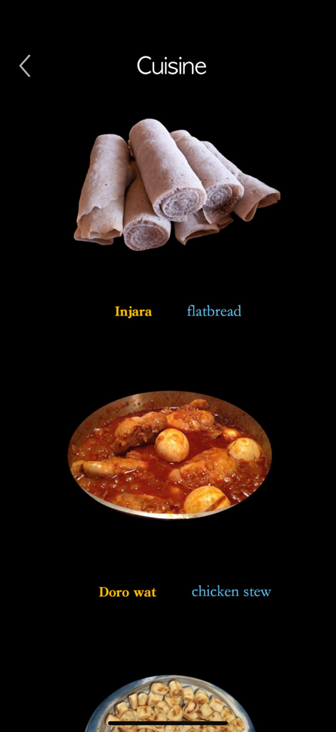 App interface showing Amharic food terms for Injera and Doro wat with photos