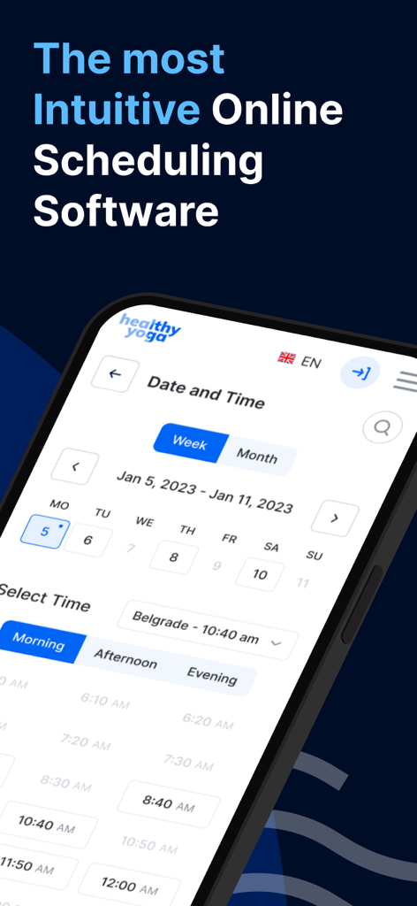 Mobile interface of Trafft scheduling app showing a yoga appointment booking screen with date and time selection