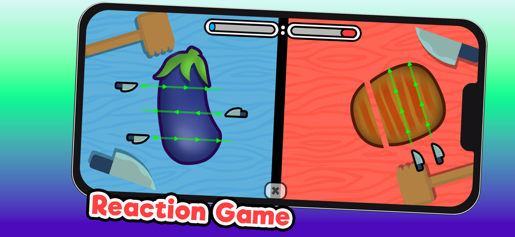 Play with Friends(2p play) - Vista dividida de un mini juego de reacción para dos jugadores donde los jugadores compiten para cortar verduras